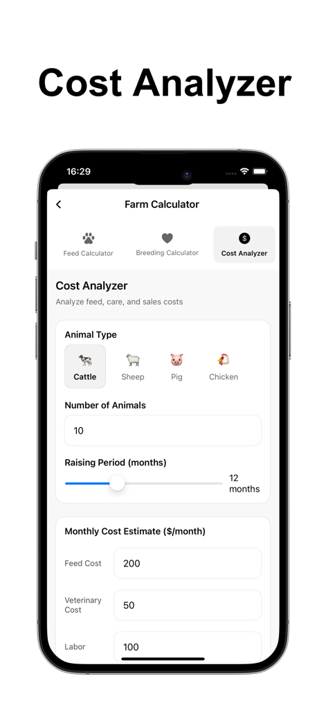 Livestock Manager-Farm Records - Interface of the Cost Analyzer tool within the Livestock Manager app for calculating farm animal expenses