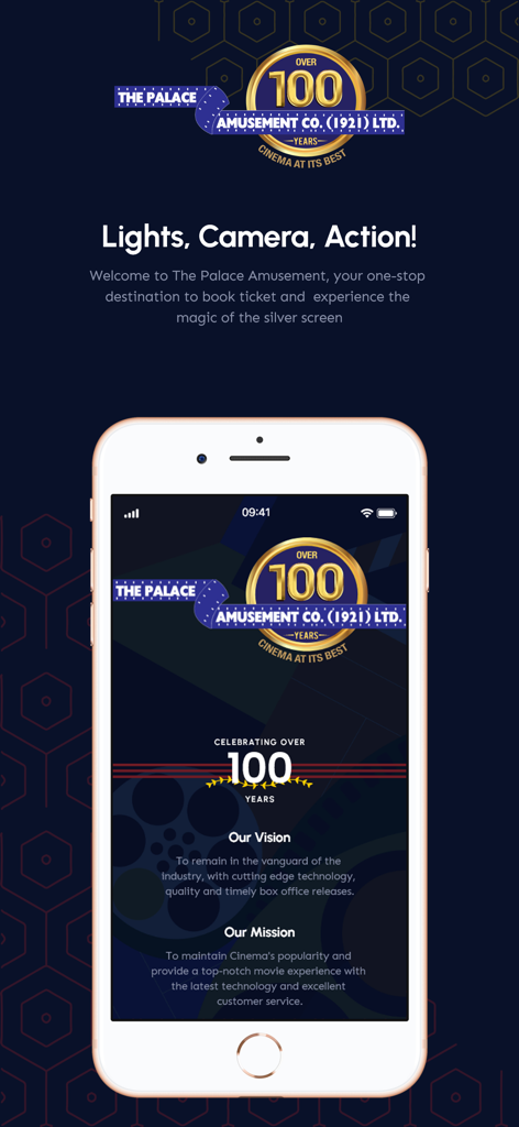 Palace Amusement - Palace Amusement movie ticket booking app welcome screen showing its vision and mission