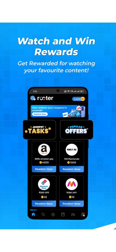Rooter: Watch Gaming & Esports - Un teléfono inteligente que muestra la tienda de recompensas de la aplicación Rooter con opciones para canjear monedas por tarjetas de regalo y moneda del juego