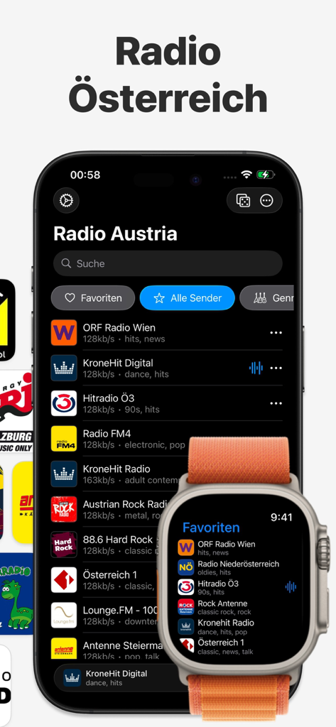 Radio Austria Online - Radio Austria Online app interface on iPhone and Apple Watch