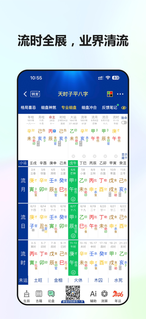 Professional Bazi chart analysis in Tian Shi Zi Ping app showing detailed timing for months days and hours