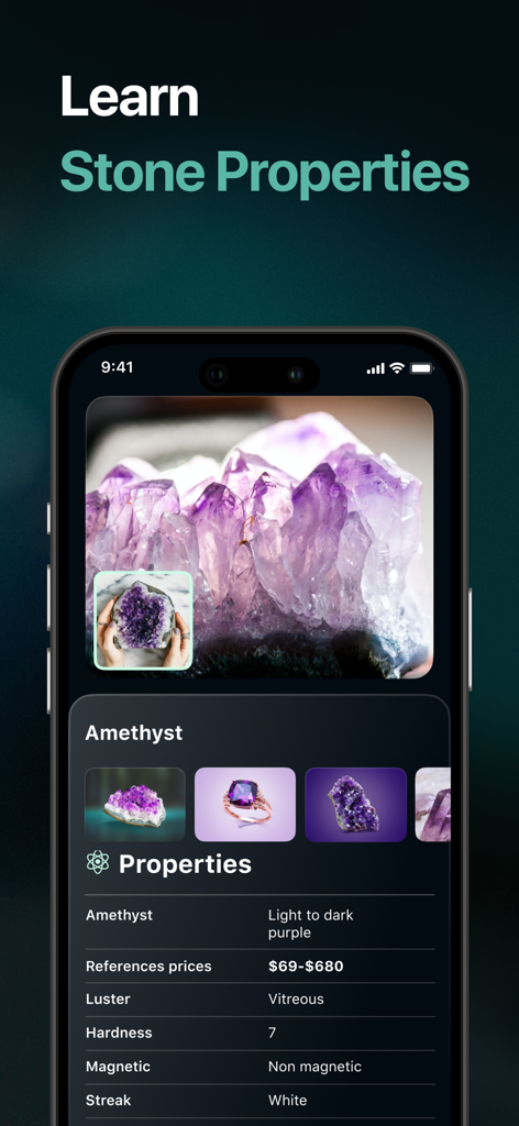Stone Identifier - Rock Finder - Interface of the Rock Finder app showing detailed physical and chemical properties of an amethyst