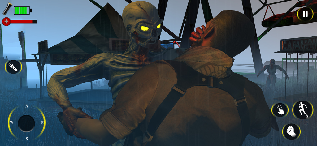 A pale monster with glowing yellow eyes attacking the player in a dark fairground setting from the game Light Head.