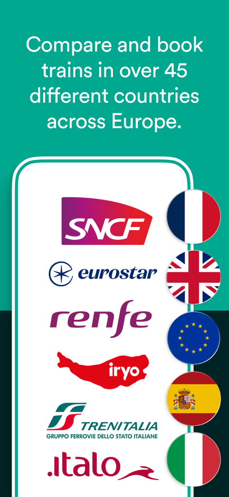Logos of European train companies including SNCF, Eurostar, Renfe, and Trenitalia with national flags representing 45 countries.