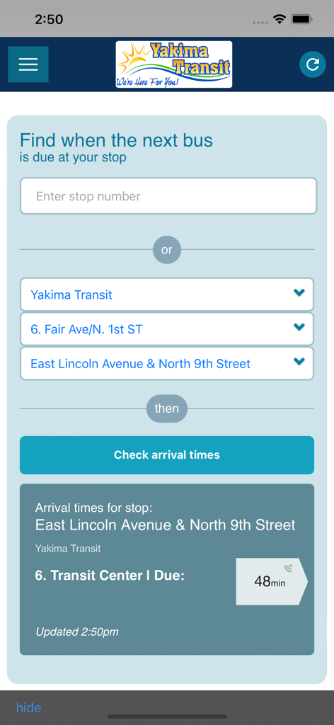 Yakima Transit - Interface de l'application Yakima Transit pour vérifier les heures d'arrivée des bus à un arrêt spécifique.