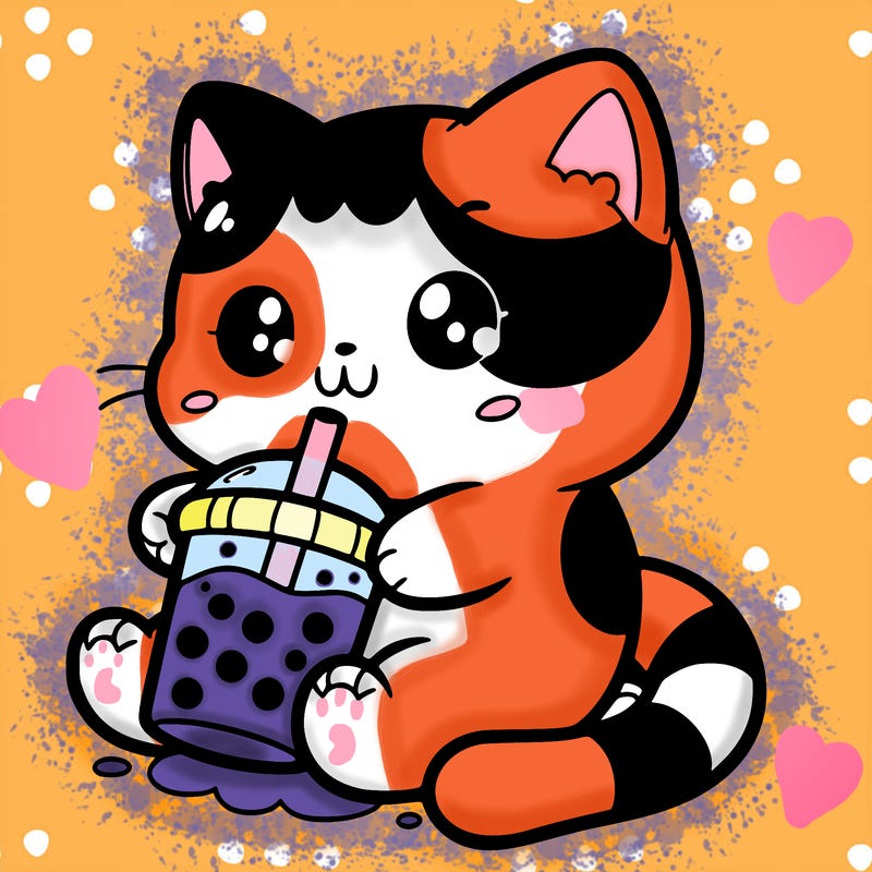 an adorable simple calico cat on its back, drinking boba