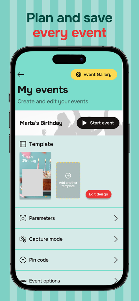 Pocketbooth Photo Booth - Interfaz de la aplicación Pocketbooth para planificar eventos y personalizar plantillas de fotos.