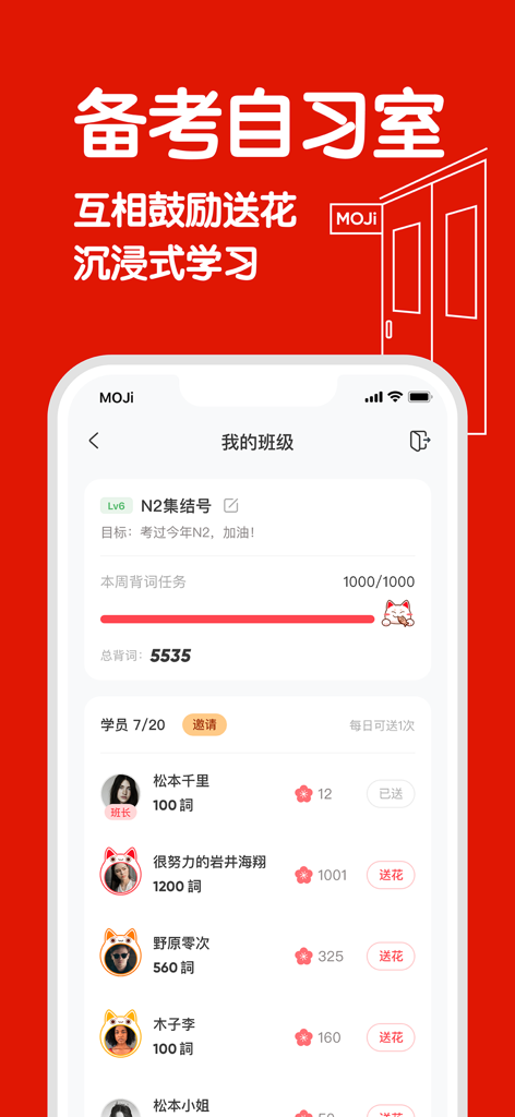 Uno screenshot della stanza di studio virtuale di MOJiTest dove gli utenti monitorano i progressi JLPT N2 e si incoraggiano a vicenda.