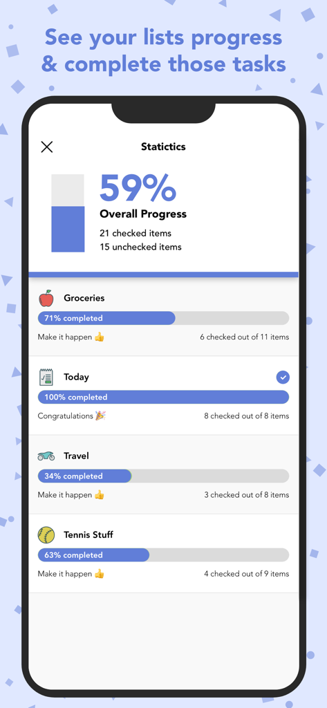 Lists To-do - Statistics view of the Lists To-do app showing task completion percentages and progress bars.