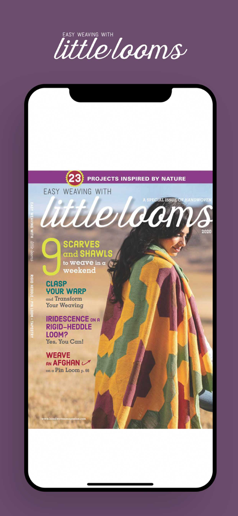 Little Looms - Mobile phone displaying the Little Looms magazine cover with colorful weaving projects