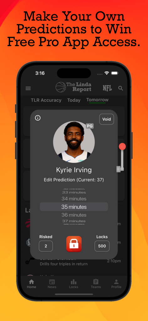 The Linda Report app screen showing an NBA player minute prediction interface for Kyrie Irving