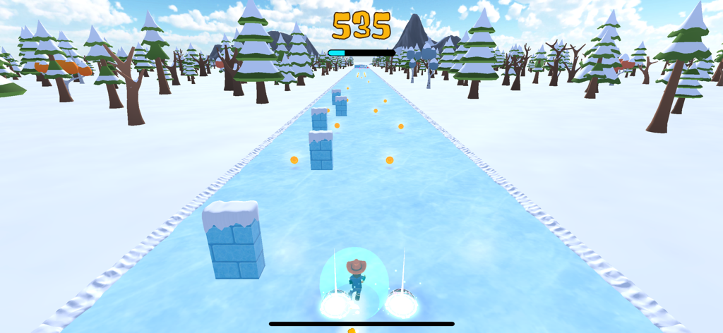 Dangleverse - Dangleverse game screen showing a hockey player on a frozen river dodging ice blocks