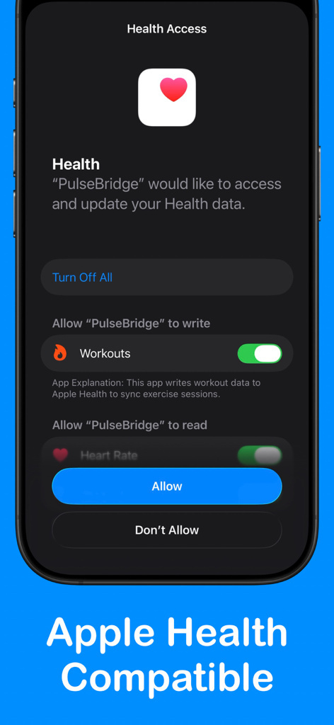 PulseBridge - iPhone screen showing PulseBridge app requesting access to Apple Health for workouts and heart rate data