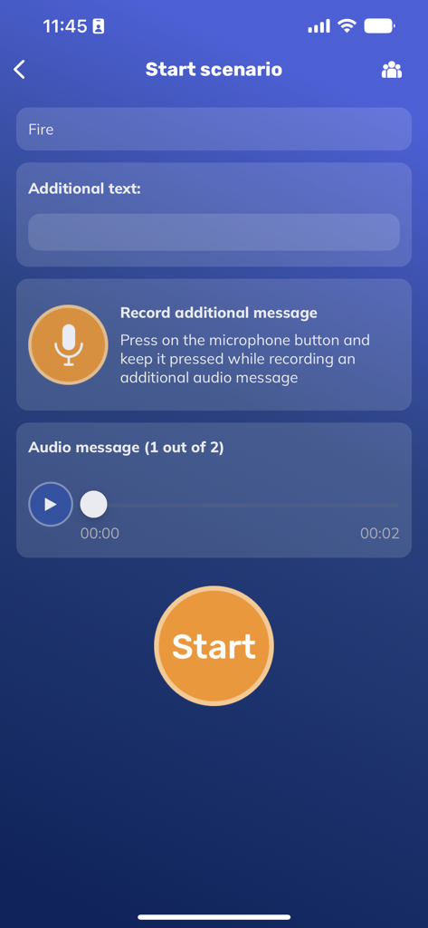 MultiBel App-Oberfläche zum Starten eines Brandnotfallszenarios mit Text- und Audio-Nachrichtenoptionen