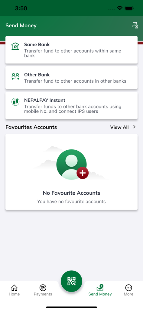Screenshot of the Send Money interface in the ADBL Smart Plus app displaying bank transfer options and favorite accounts section