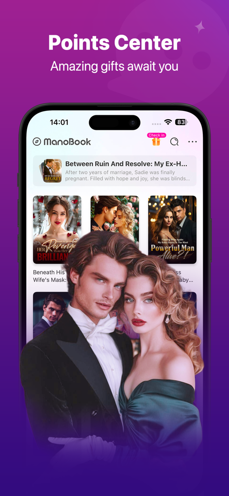 Manobook: My Good Story Reader - Interfaz de la aplicación Manobook que presenta historias de romance y un banner de recompensas del centro de puntos