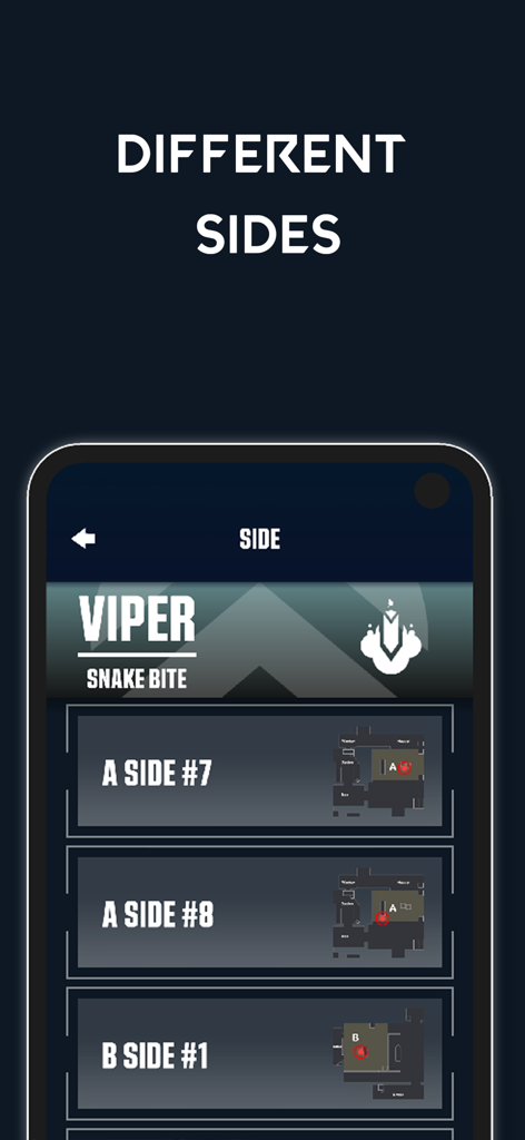 App interface showing Viper Snake Bite ability lineups for different map sides in Valorant.