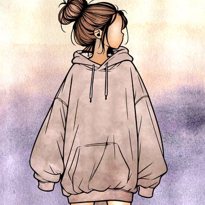 realistic girl with a oversized sweatshirt on and a bun