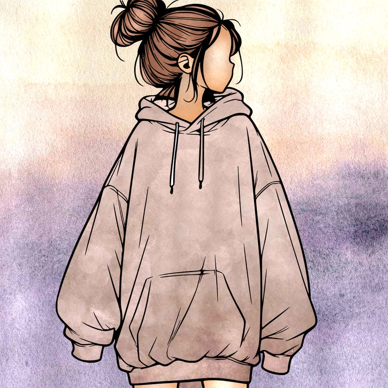 realistic girl with a oversized sweatshirt on and a bun