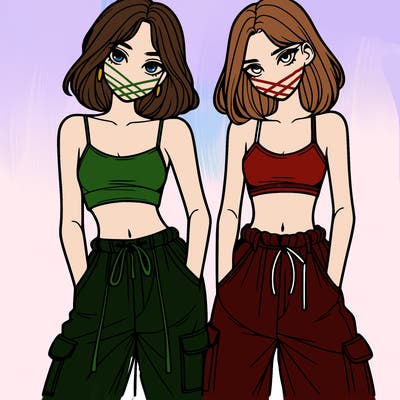 two girls with crop top with baggy pants