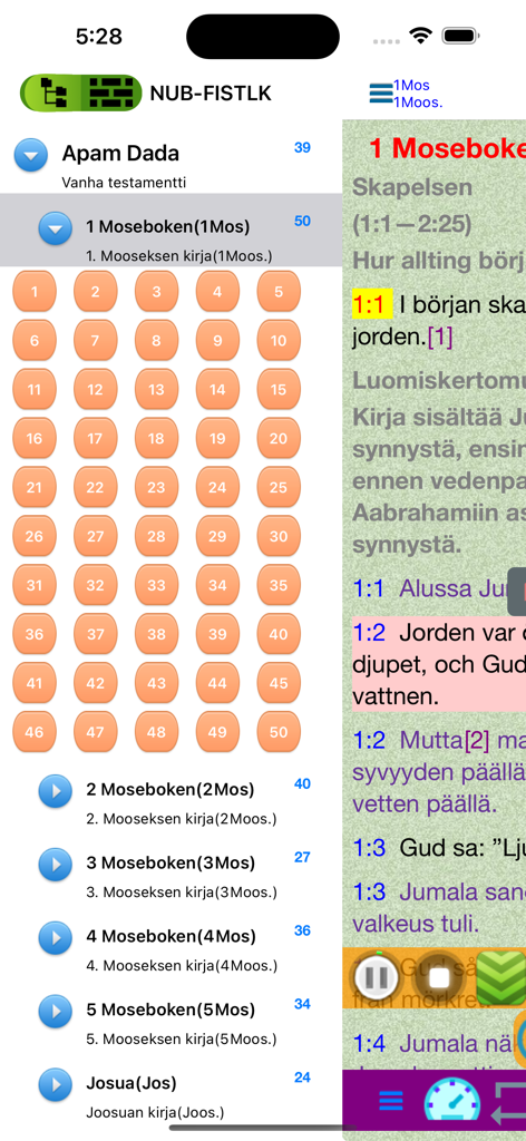 Swedish Finnish English Bible - A trilingual Bible app interface showing parallel Swedish and Finnish verses with a chapter selection menu