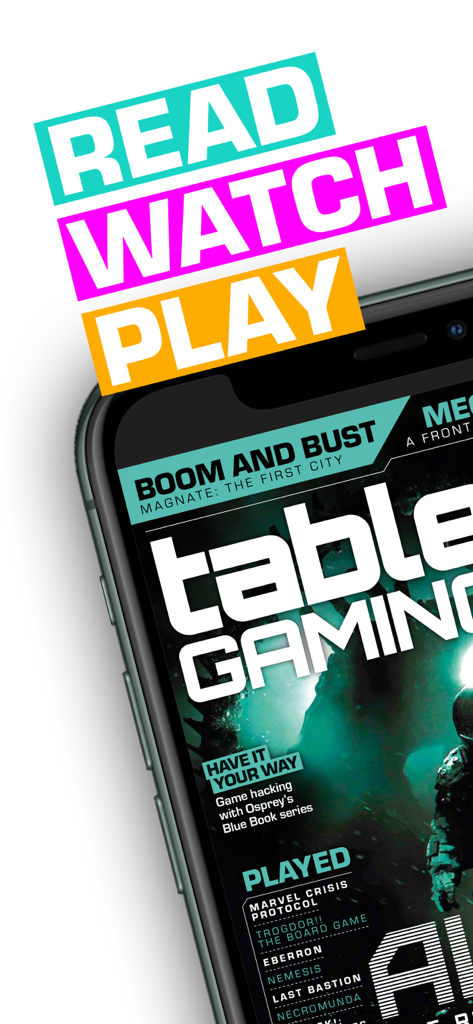 Mobile phone displaying Tabletop Gaming magazine cover with colorful Read Watch and Play text overlays.