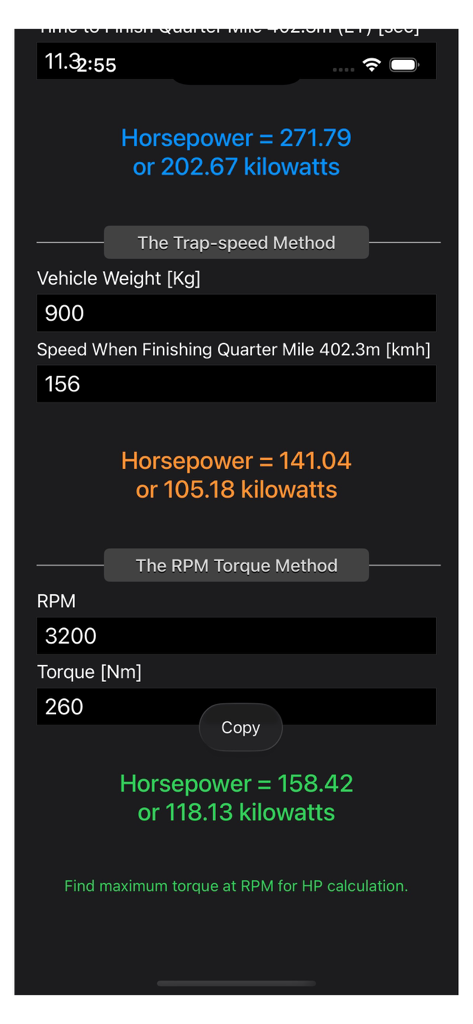 Engine Horsepower Calculator interface showing calculation results for trap speed and RPM torque methods