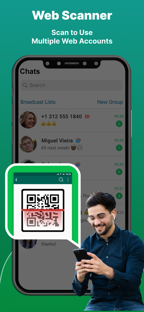Man scanning a QR code with Web Scanner Dual App to clone messaging accounts