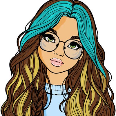 girl with long hair and freckles and glasses realistic
