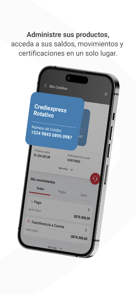 Smartphone che visualizza l'interfaccia della cronologia delle transazioni e del credito dell'app Davivienda Movil Empresas.