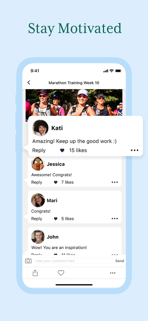Fooducate: Nutrition Coach - モチベーションを高めるユーザーコメントを示すFooducateアプリのコミュニティソーシャルフィード