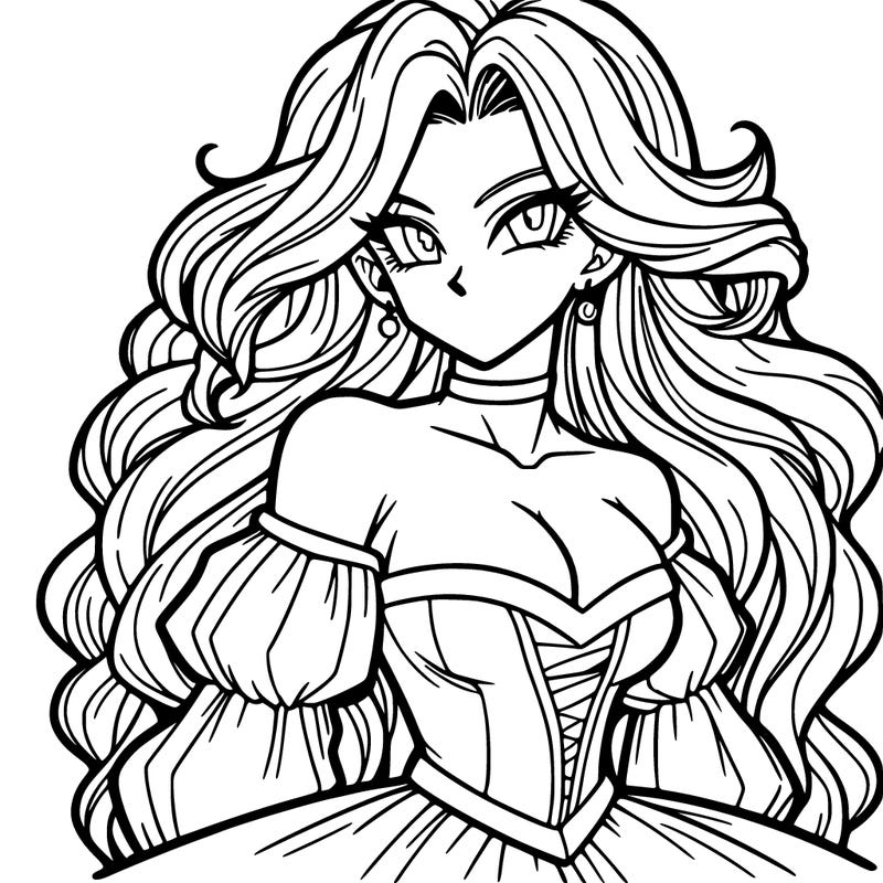 dbz anime woman, beautiful, elegant, long wavy hair, medieval dress
