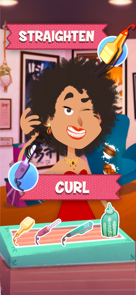 Una chica de dibujos animados con un vestido rojo a la que se le peina con herramientas para alisar y rizar el pelo en una interfaz de juego de salón de belleza.