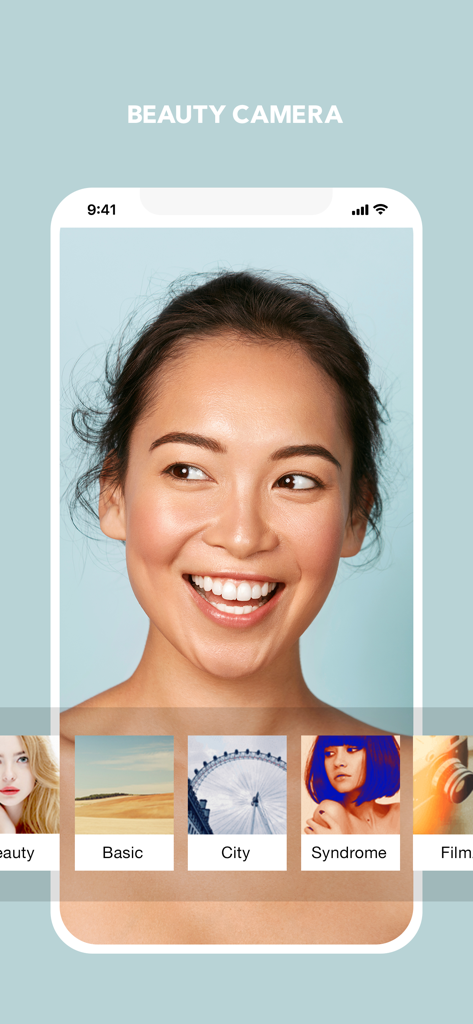 A smiling woman using the Cymera beauty camera app with various filter options at the bottom.