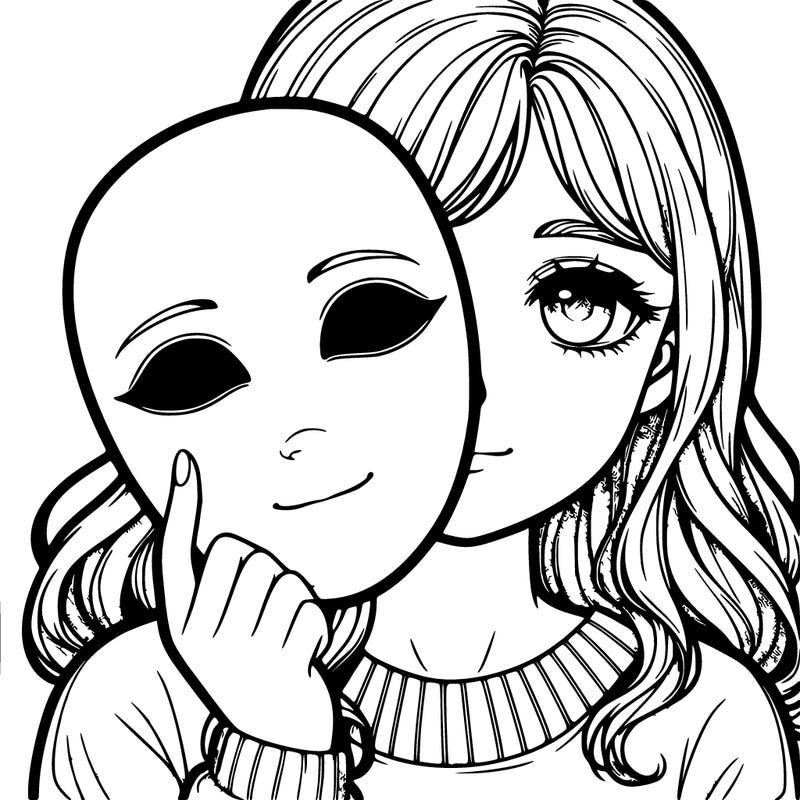 realistic girl holding a blank mask covering half her face