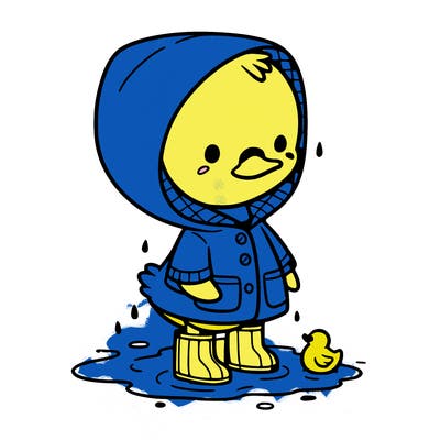 baby duck in a rain coat and boots, in a puddle while it’s raining