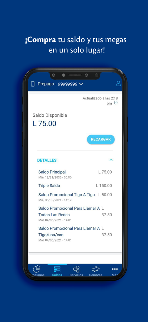 Mi Tigo Honduras - Interface do aplicativo Mi Tigo Honduras mostrando o saldo disponível e o botão de recarga