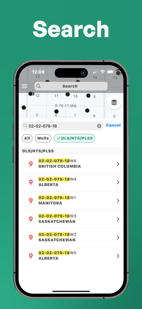 Well Finder - GeoActivity - Search interface of Well Finder app showing results for oil and gas well coordinates across several Canadian provinces