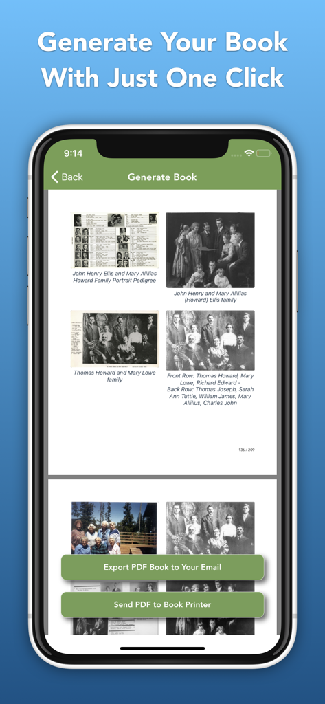 Memories Book app interface for generating a family history book with one click
