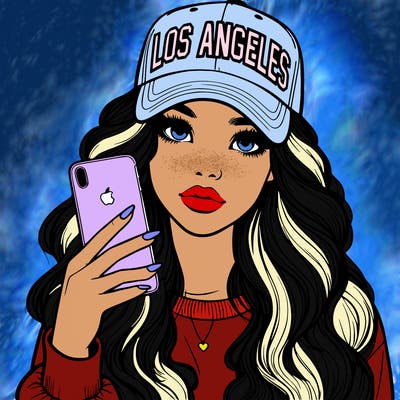 realistic beautiful girl wearing los ángeles cap holding an iphone
