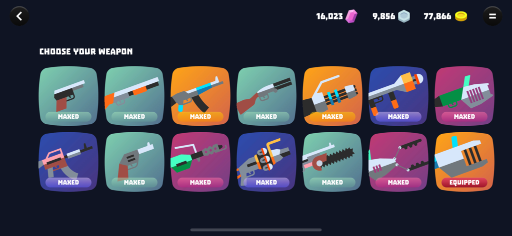 Don Zombie: Guns and Gore - Pantalla de selección de armas de Don Zombie mostrando catorce armas diferentes mejoradas y al máximo