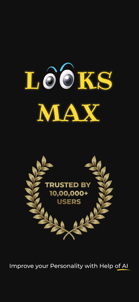 Pantalla de introducción de la aplicación LooksMax Ai que muestra el logotipo y la insignia de confianza del usuario.