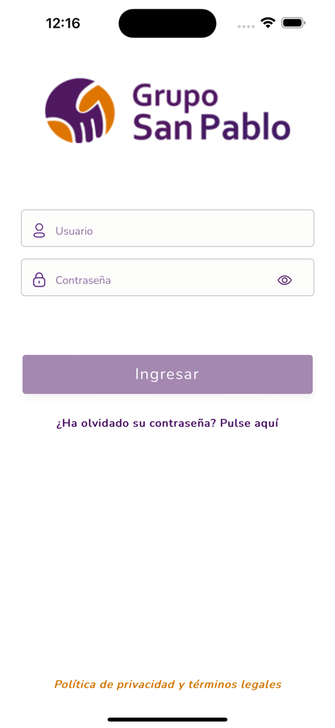 Écran de connexion de l'application médicale Portail Patient San Pablo