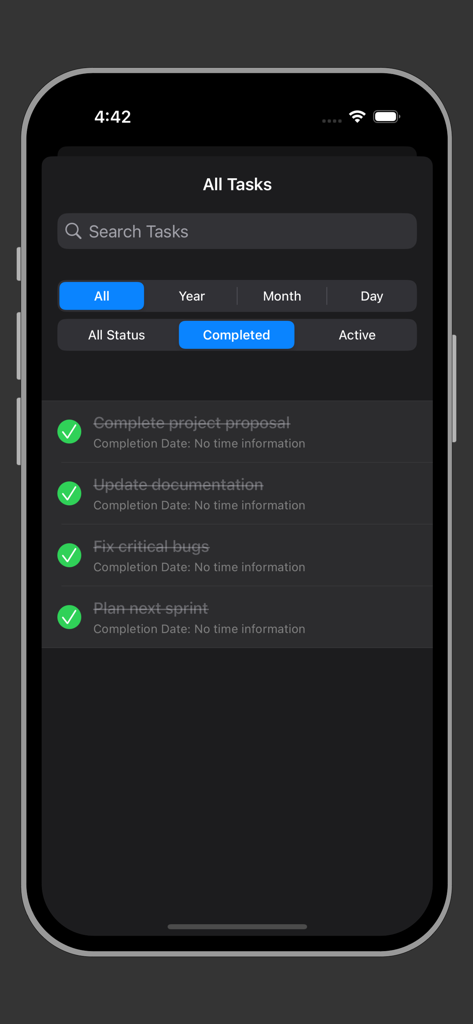 Weekly Calendar Plannerアプリのダークモードで、緑色のチェックマークが付いた完了済みタスクのリストを表示するiPhone画面。