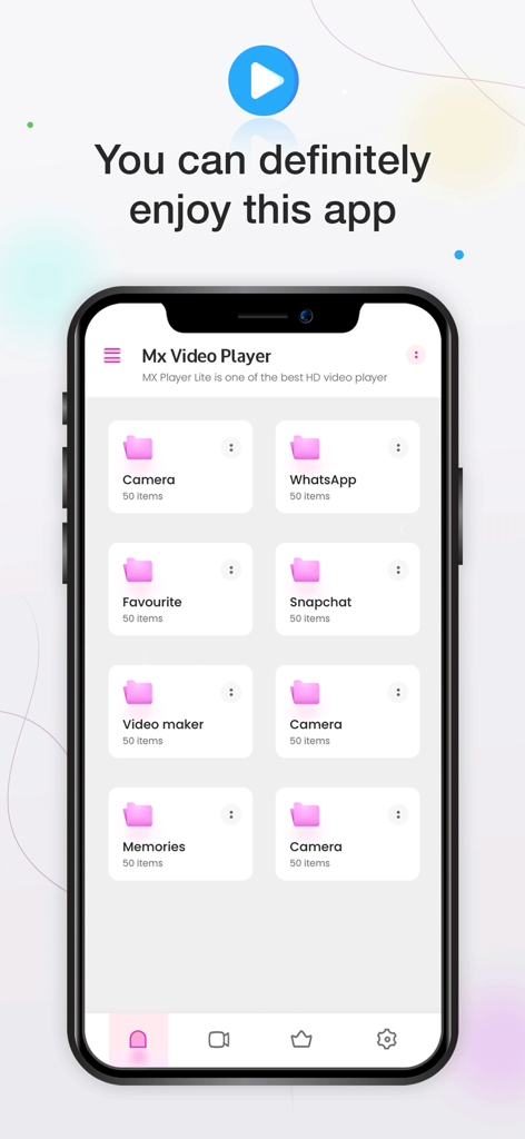 Video Player: HD & All Format - MX Video Player app interface on iPhone showing organized media folders for Camera WhatsApp and Snapchat