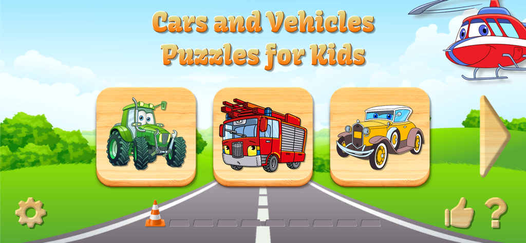 Car Puzzle for Toddlers & Kids - Menú principal de la aplicación Rompecabezas de Coches para Niños Pequeños con íconos coloridos de tractor, camión de bomberos y coche antiguo sobre un fondo de carretera.