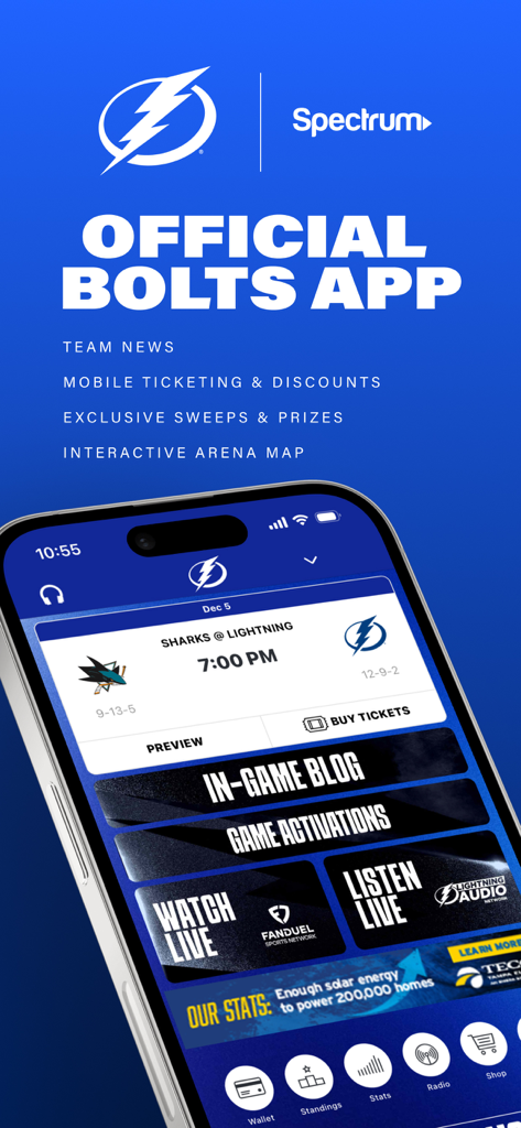 Tampa Bay Lightning Official - Interface of the Tampa Bay Lightning official app showing a game matchup between Sharks and Lightning with ticketing and live stream options.