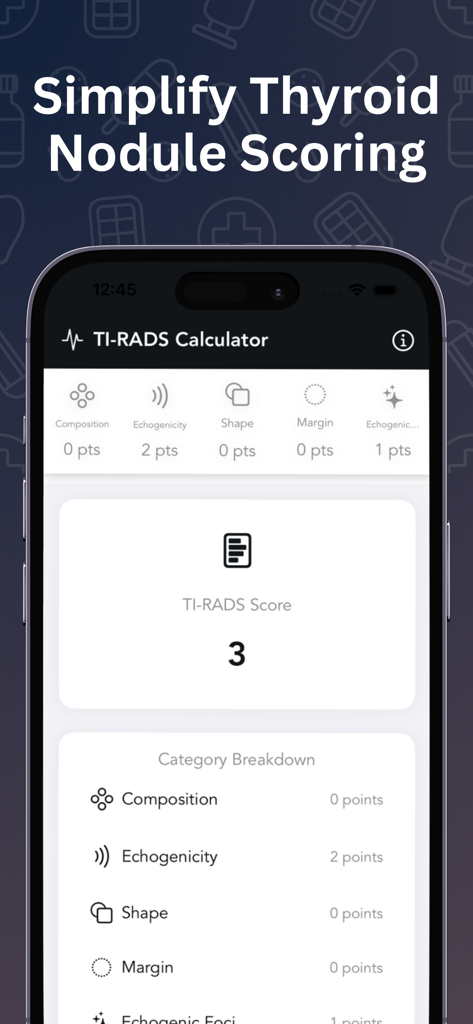Interface of the Easy TI-RADS Calculator app showing a thyroid nodule score calculation and category breakdown