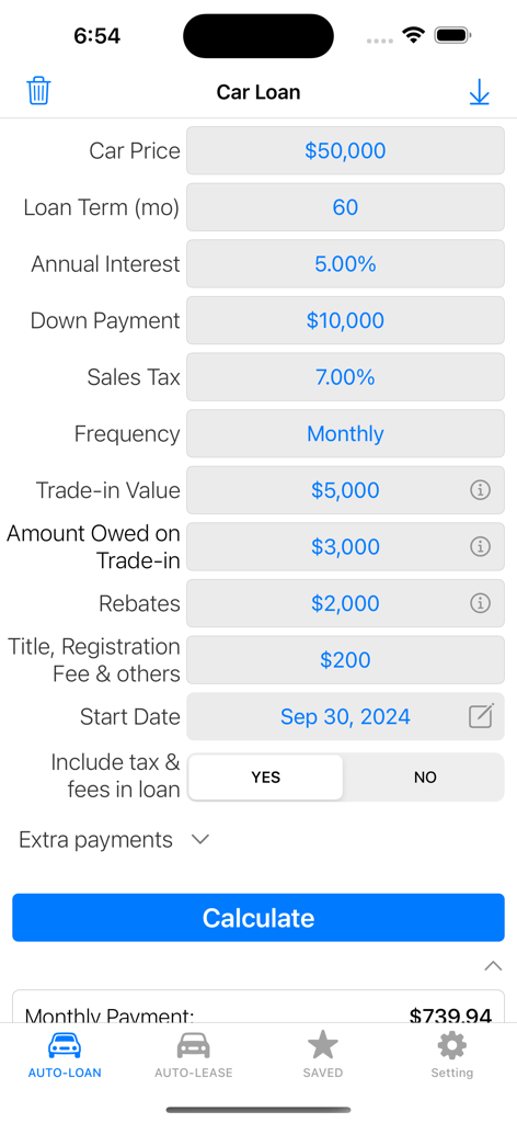 Interface of a car loan calculator app showing input fields for vehicle price interest rate and down payment with a monthly payment estimate
