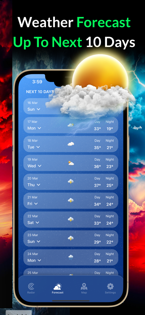 Tela do iPhone exibindo uma previsão do tempo de 10 dias com temperaturas diárias e ícones